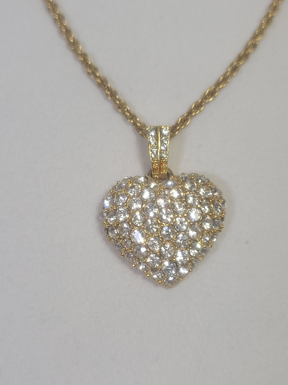 Vintage Monet Gold Tone Pave Rhinestone Crystal Puffed Heart Pendant Necklace